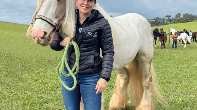 Lina Velasco junto a un bello ejemplar Gipsy Vanner Recorrido a Caballo Casa de Campo